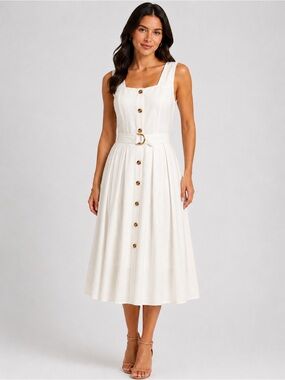 MSK Linen Blend Midi Dress Square Neck Button Front Pleated Belted Ivory L NWT